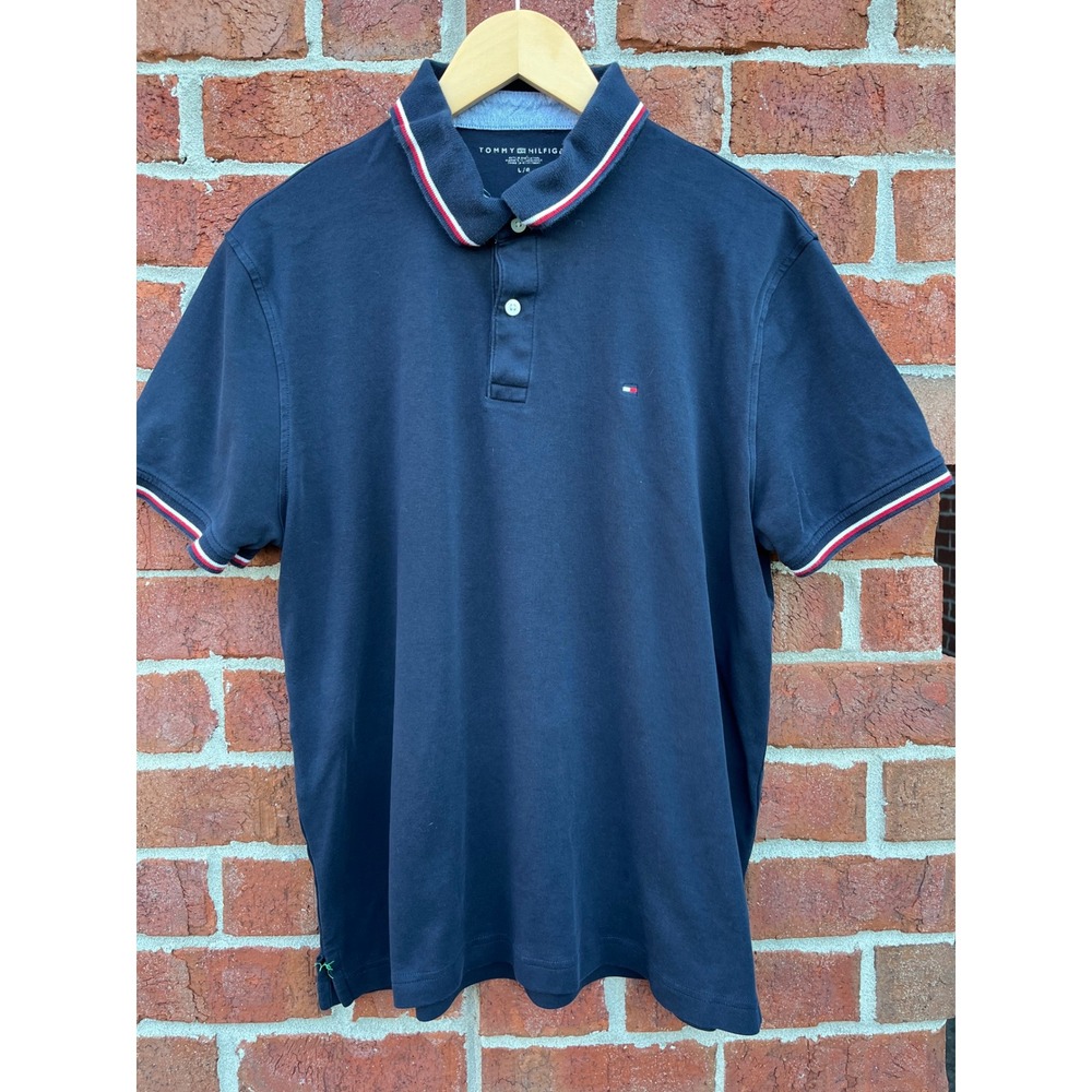 Tommy Hilfiger Mens Navy Blue Short Sleeve Polo Shirt L Tipped Trim Cotton